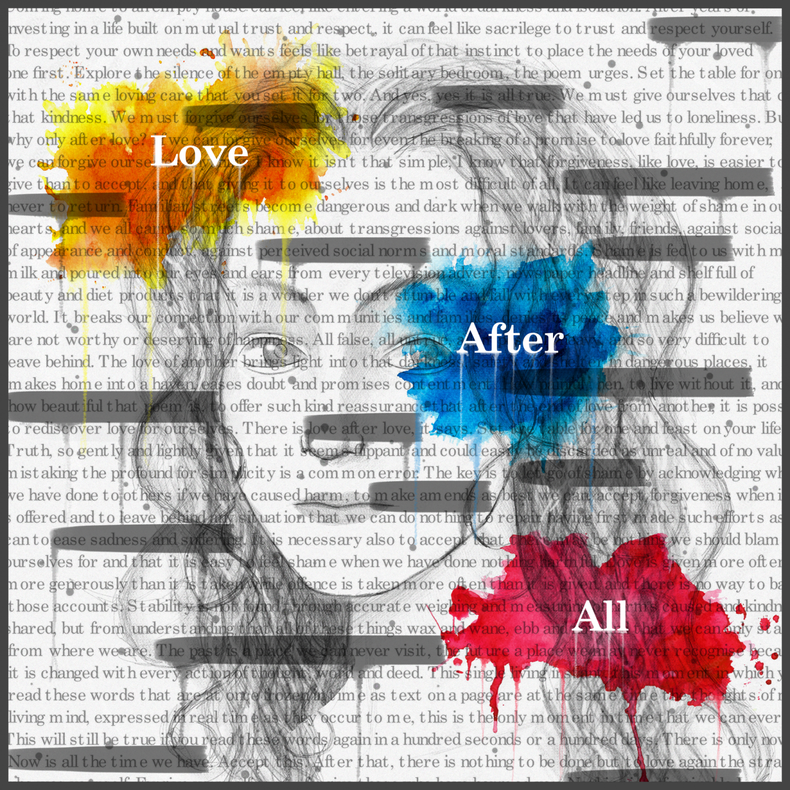 Digital art of face on grey text. with the words "Love After All" highlighted. Art by Joe Inkpen https://joeinkpen.co.uk/